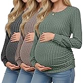 Oakgarden 3 Pack Women's Maternity Shirts Ribbed Long Sleeve Tops Pregnancy Sweaters Crew Neck Knit Side Ruched Tunic Tees