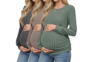 Oakgarden 3 Pack Women's Maternity Shirts Ribbed Long Sleeve Tops Pregnancy Sweaters Crew Neck Knit Side Ruched Tunic Tees