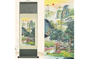 Newscz Asian Wall Art for Living Room Vertical Wall Scroll Silk Scroll Painting The Rising Sun Landscape Painting Art Poster Oriental Chinoiserie Decor Art Mural 36 by 12 in