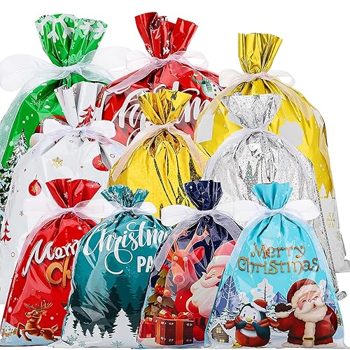 Christmas Wrapping Gift Bags Large, Gift Bags Christmas for Presents with Ribbon Medium Small Gift Bags Xmas Wrapping Bags for Holiday Party (18Pcs, 10 Styles)