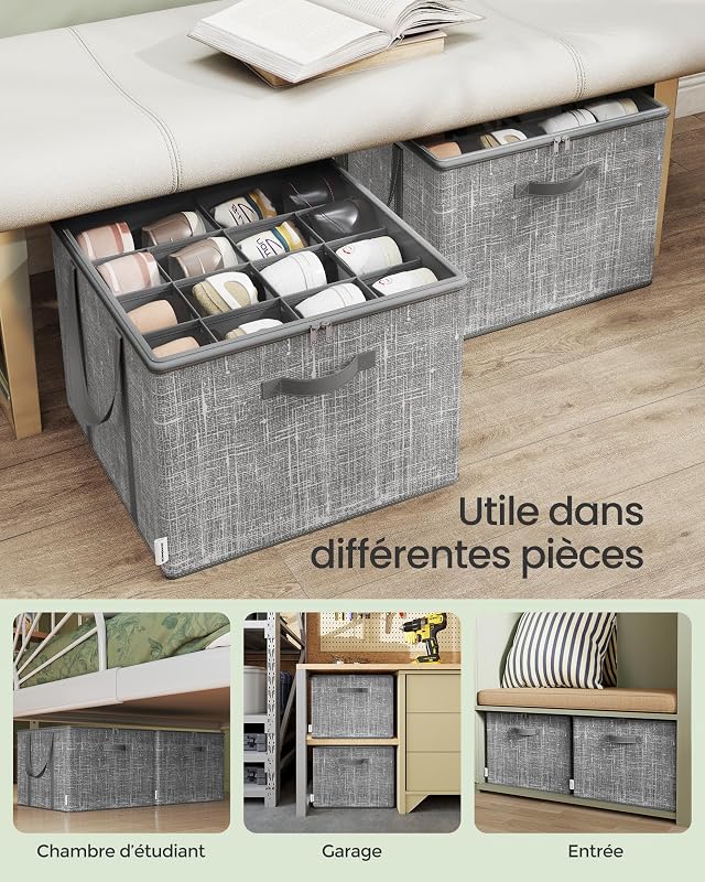 Organisateur de Chaussures, jusqu'à 16 Paires, Boîte de Rangement pour Chaussures, Poignées, Couvercle Transparent, pour Chambre, Entrée, Armoire, Gris Jonc LSP601G01