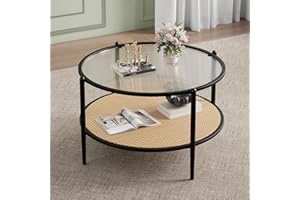 Garvee Rattan Coffee Table with 2-Tier Storage, Round Water-Wave Glass Top, Metal Frame, Modern Circular Coffee Table for Sma