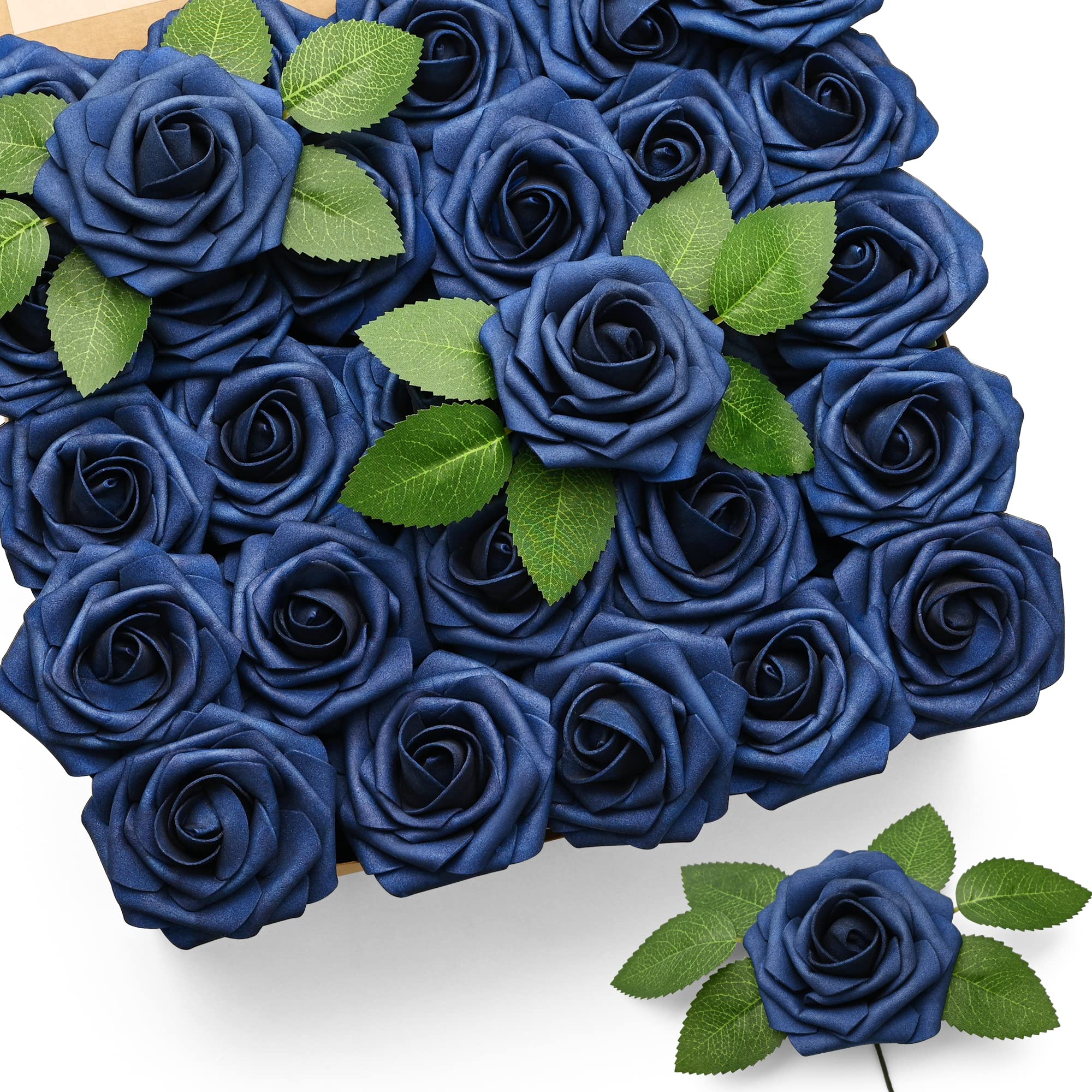Mocoosy 50Pcs Roses Artificial Flowers, Navy Blue Fake Roses Real Touch Foam Rose with Stems Bulk for DIY Wedding Bouquets Centerpieces Floral Arrangements Bridal Shower Party Home Decorations