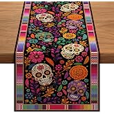 Dia De Los Muertos Decoration, Sugar Skull Day of the Dead Table Runner | 14x84” Linen Dia De Los Muertos Decoration, Day of the Dead Altar Decoration for Home Kitchen Dining, Mexican Table Decor