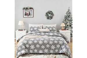 JANZAA Christmas Bedding King Size Comforter Set Velvet Light Grey Comforter Set with White Snowflake Stereoscopic 3 Pieces King Size Bedding Sets Soft and Fluffy