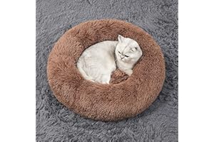 Geizire 24 inch Cat Bed Dog Bed for Cats, Small/Medium Dogs, Washable Donut Calming Round,Soft Fluffy Warm and Cozy Anti Anxiety Cuddler, Joint-Relief Pet Bed (Medium, Khaki)