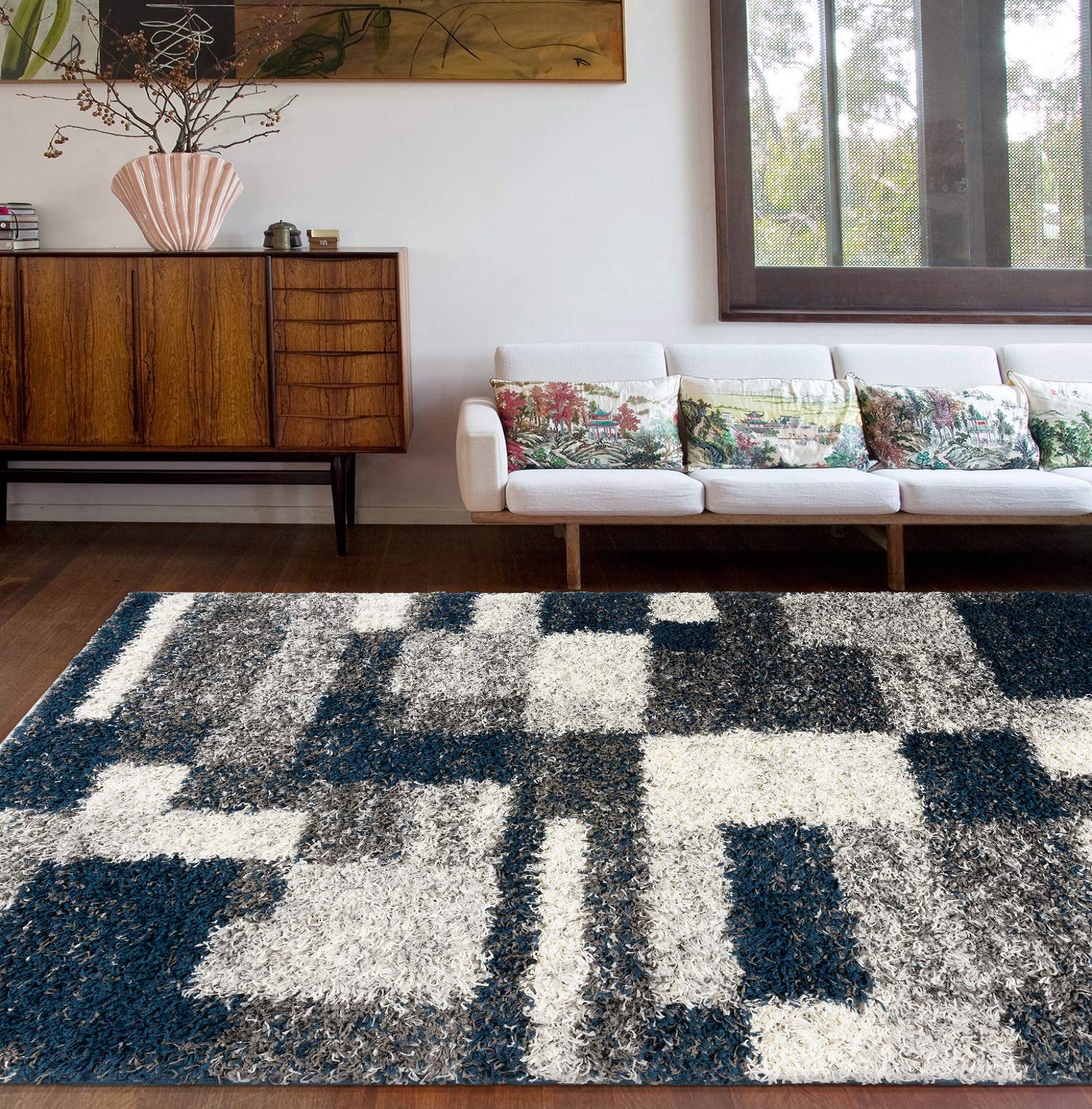 Photo 1 of Rugshop Distressed Modern Boxes Plush Shag Area Rug 5' x 7' Navy