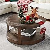 JUSTONE 40" Round Coffee Table for Living Room,2 Tier Traditional Round Circle Wooden Center Coffee Table,Rustic Industrial Coffee Table for Apartment, Easy Assembly (Brown)