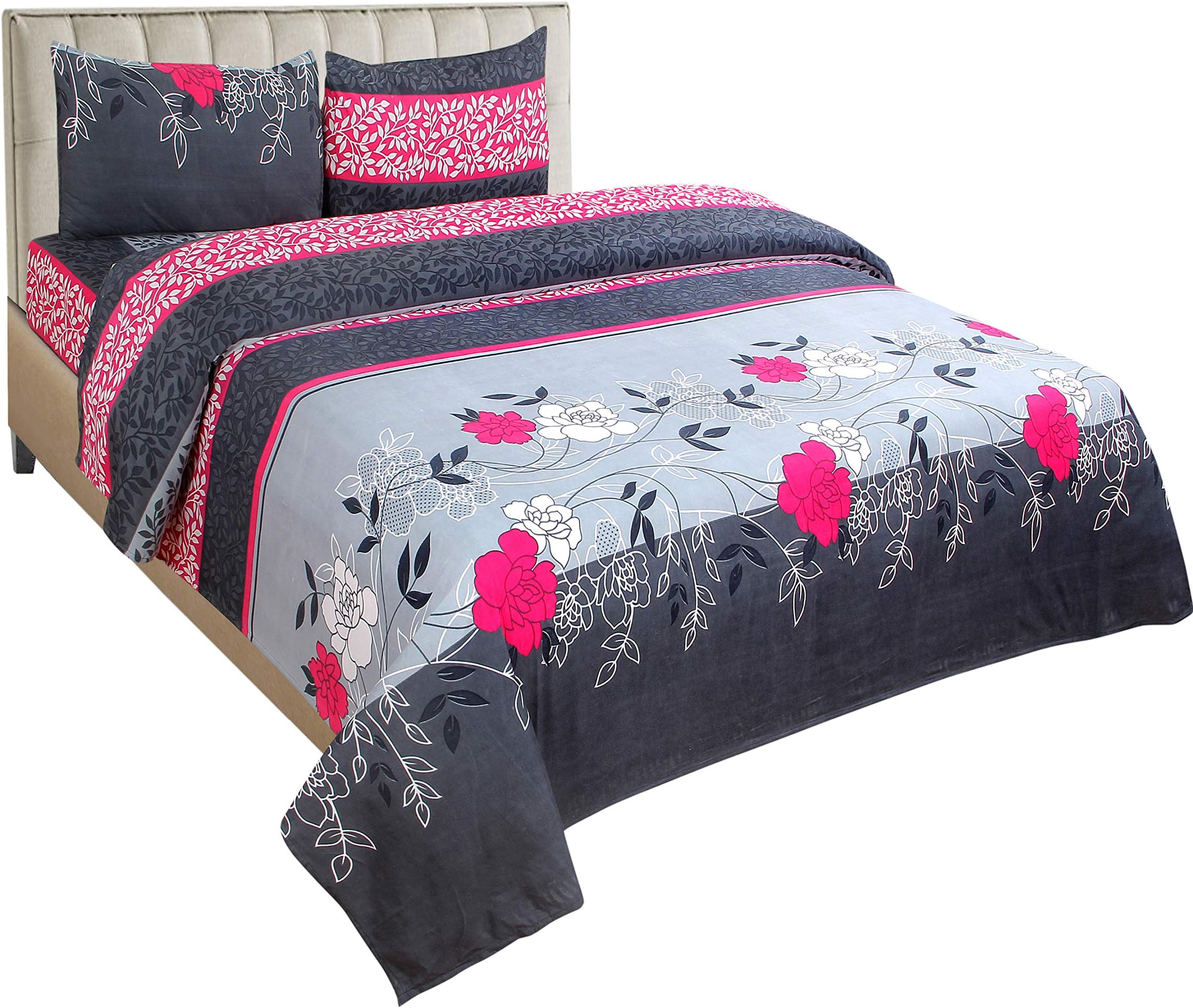 Gharshingar 120 TC Single Black Polka Dot Polycotton Bedsheet with Pillow Cover