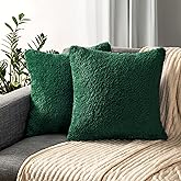 PAVILIA Fluffy Emerald Green Throw Pillow Covers, Decorative Accent Pillow Cases for Bed Sofa Couch, Soft Faux Fur Cushion Cover, Square Sherpa Pillowcases, Home Room Decor, Green, 18x18 Set of 2