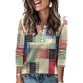 LUYAA Long Sleeve Shirts for Women V Neck Blouses Button Decor Tops S-2XL | Skin Friendly Henley Neck Color Block Pullover Blouses, Dressy Casual Business Work T-shirts, Boho Vacation Outfits, S-XXL