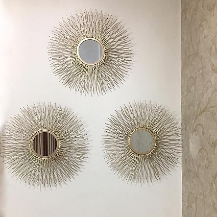 Flourish Concepts Metal Sun Decorative Mirror (Golden) - Set of 3