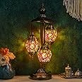 Marrakech Moroccan Mosaic Lamps Turkish Table Lamps, Handmade 3 Globes Turkish Light with Glass Shard and Bronze Base Including 3 LED Bulbs for Living Room Bedroom Decor (Coloful)
