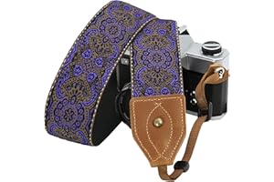 Padwa Lifestyle Camera Strap - 2" Wide Vintage Soft Embroidered Crazy Horse Leather Cowhide Head Camera Straps for All DSLR Cameras, Great Gift for Men & Women Photographers(Mystic Purple)