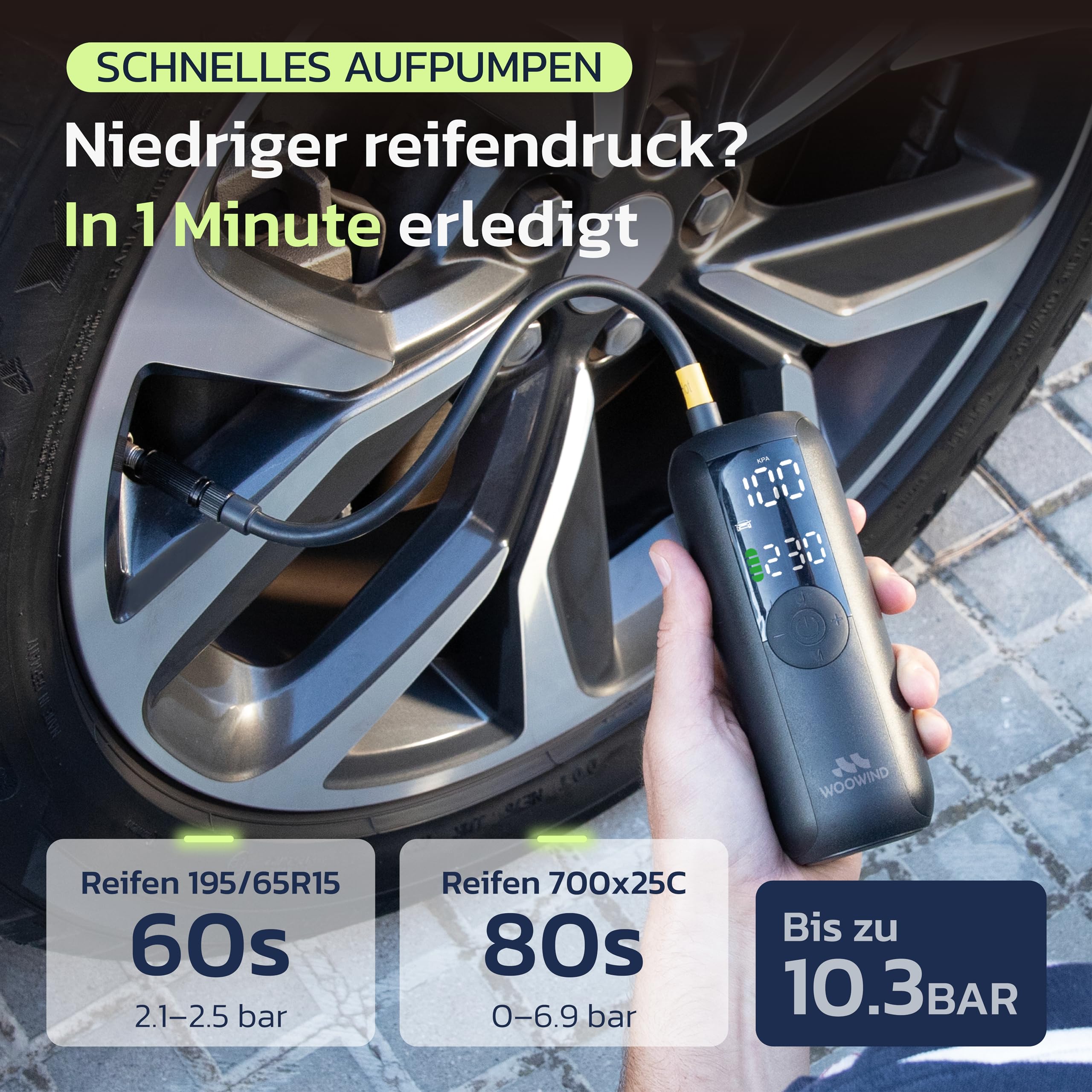 Woowind Luftpumpe Fahrrad für Auto, Fahrrad & Moto, Auto-Stopp, 10,3 BAR 2