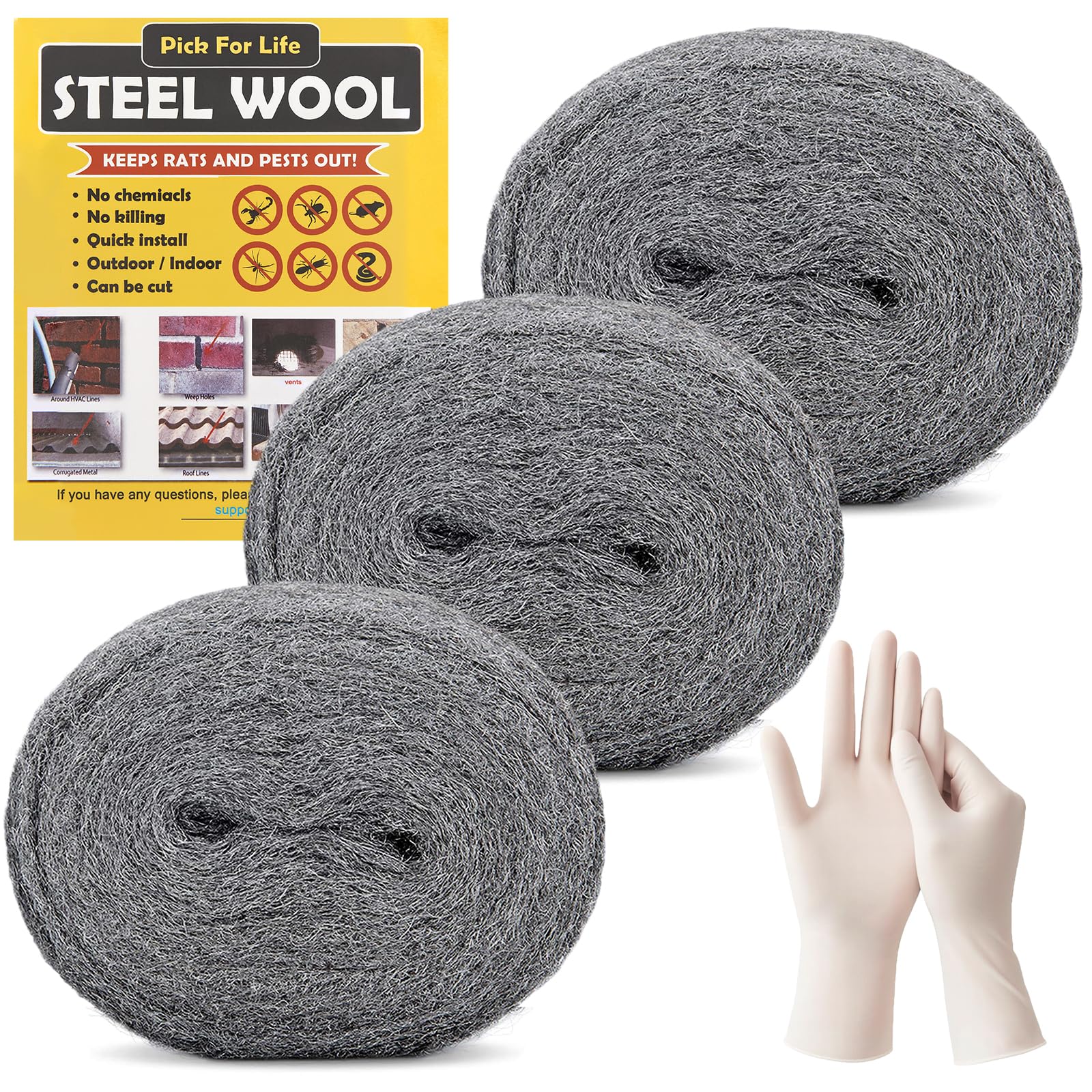 PICK FOR LIFE Steel Wool Mice Blocker 3 Pack 0000 Coarse Wire Wool Mice for Cleaning Rodent Control Gap Hole Filler Keep Rodent Rat Insect Pest out for Attic Garden Kitchen Garage with Gloves(3m/Roll)