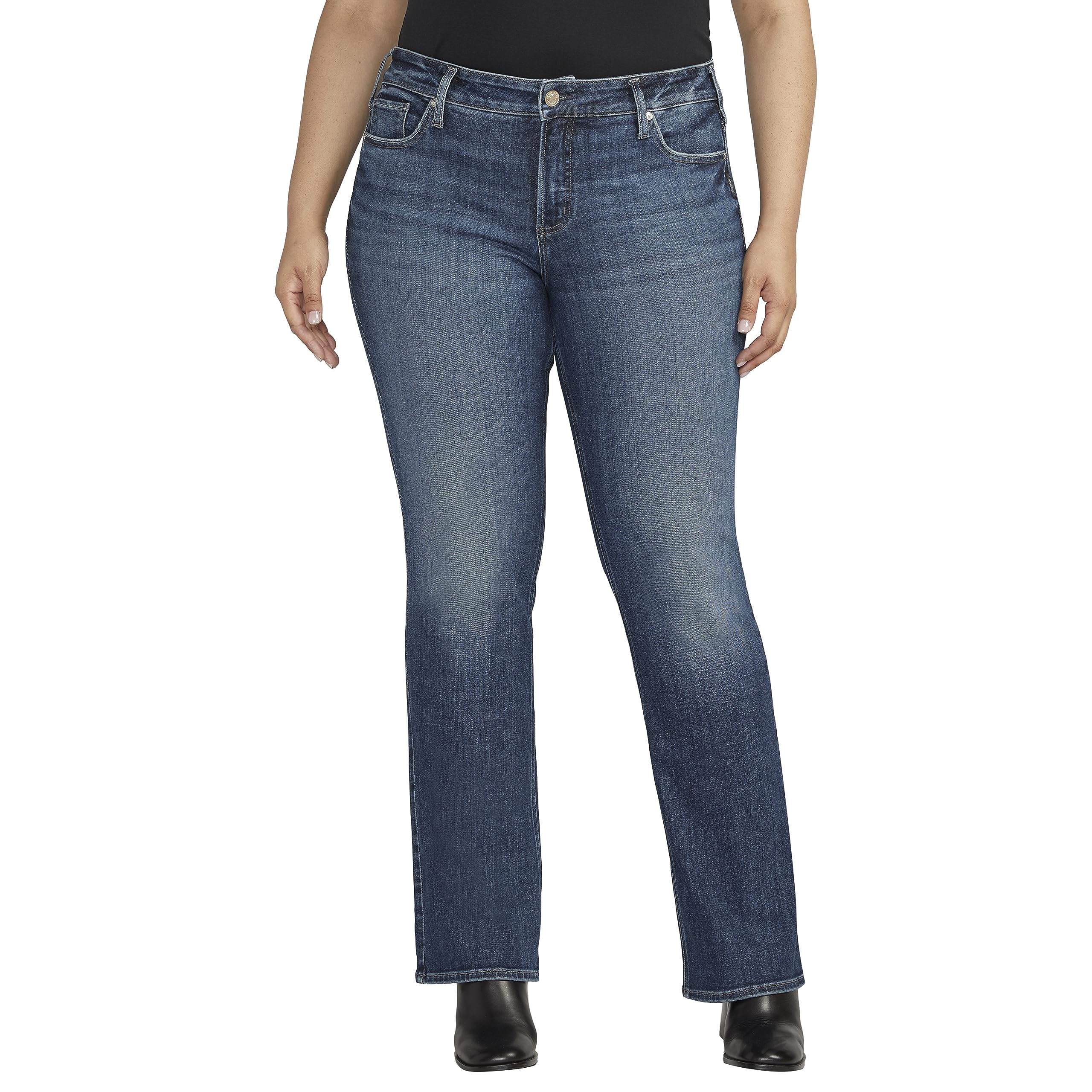 Silver Jeans Co. Women’s Plus Size Elyse Mid Rise Comfort Fit Slim Bootcut Jeans, Med Wash EAE366, 12 Plus