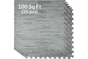 Home Aesthetics 100 Sq. Ft 3/8 Inch Thick Printed Foam Tiles Interlocking Foam Mat, Sea Haze Grey Wood Grain Style Print, (24