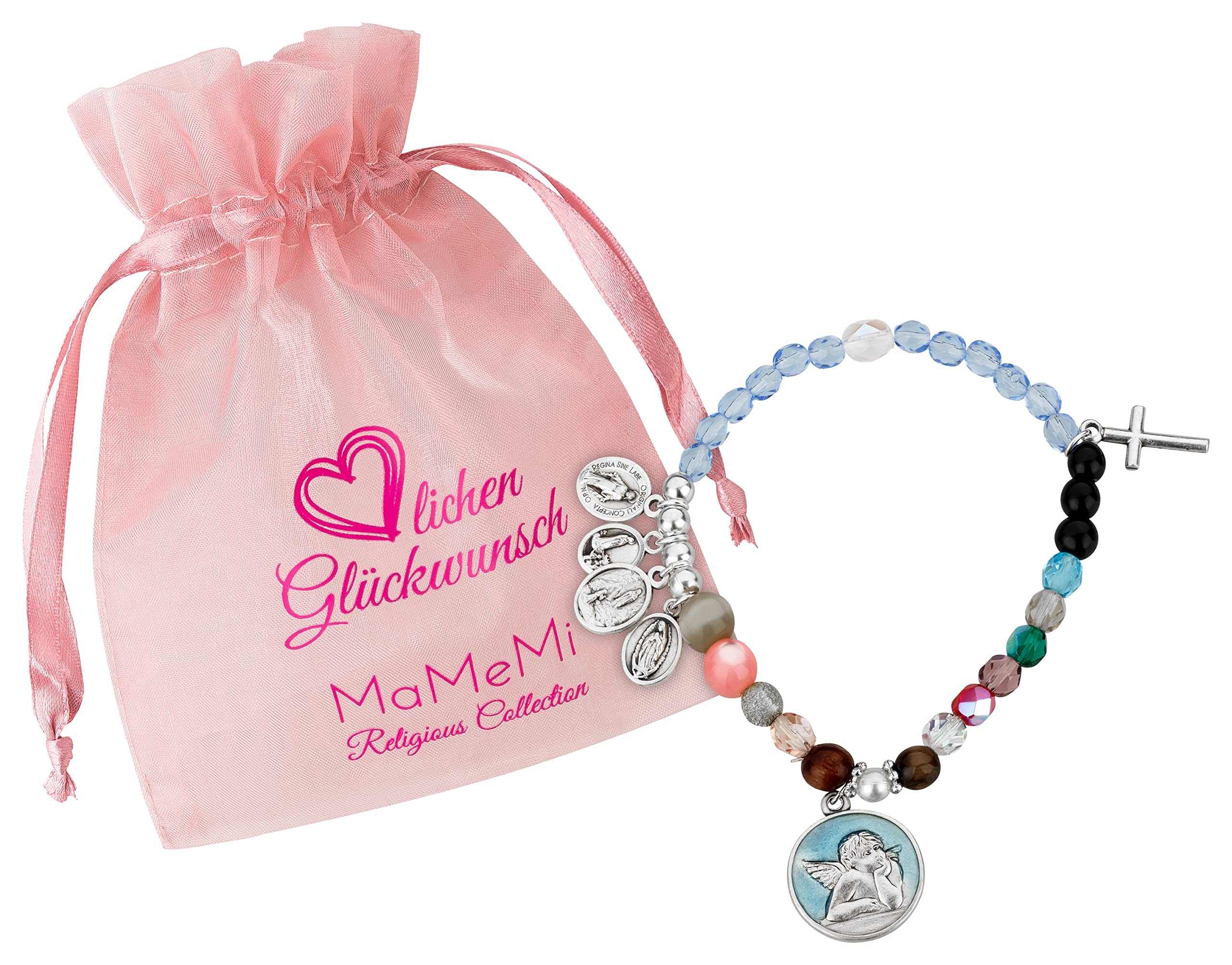 Life of Mary Bracelet Made of Beautiful Glass Beads and Pendants, 26,46 cm (circa), Leather, Pearl