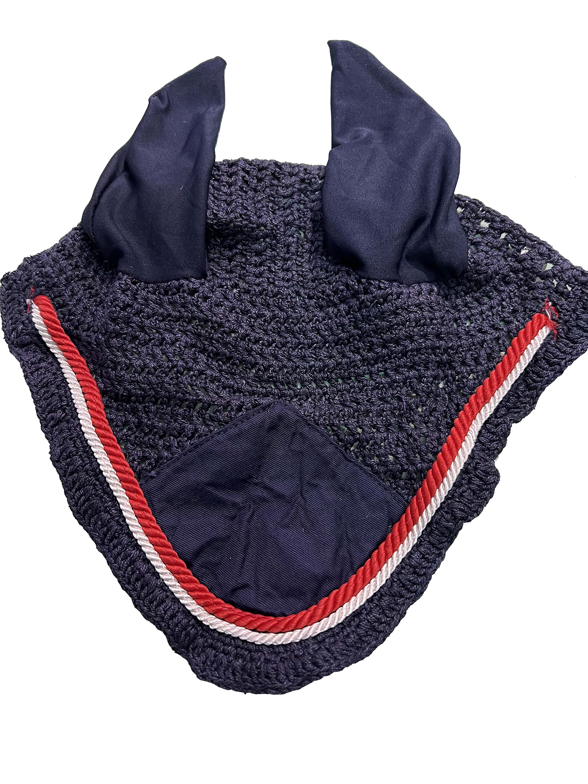 Spire Horse Soft Crochet Fly Veil Breathable Cotton Ear Net Hood Horse fly Control Masks Protector Bonnets (FULL, Navy Blue/Red-White)