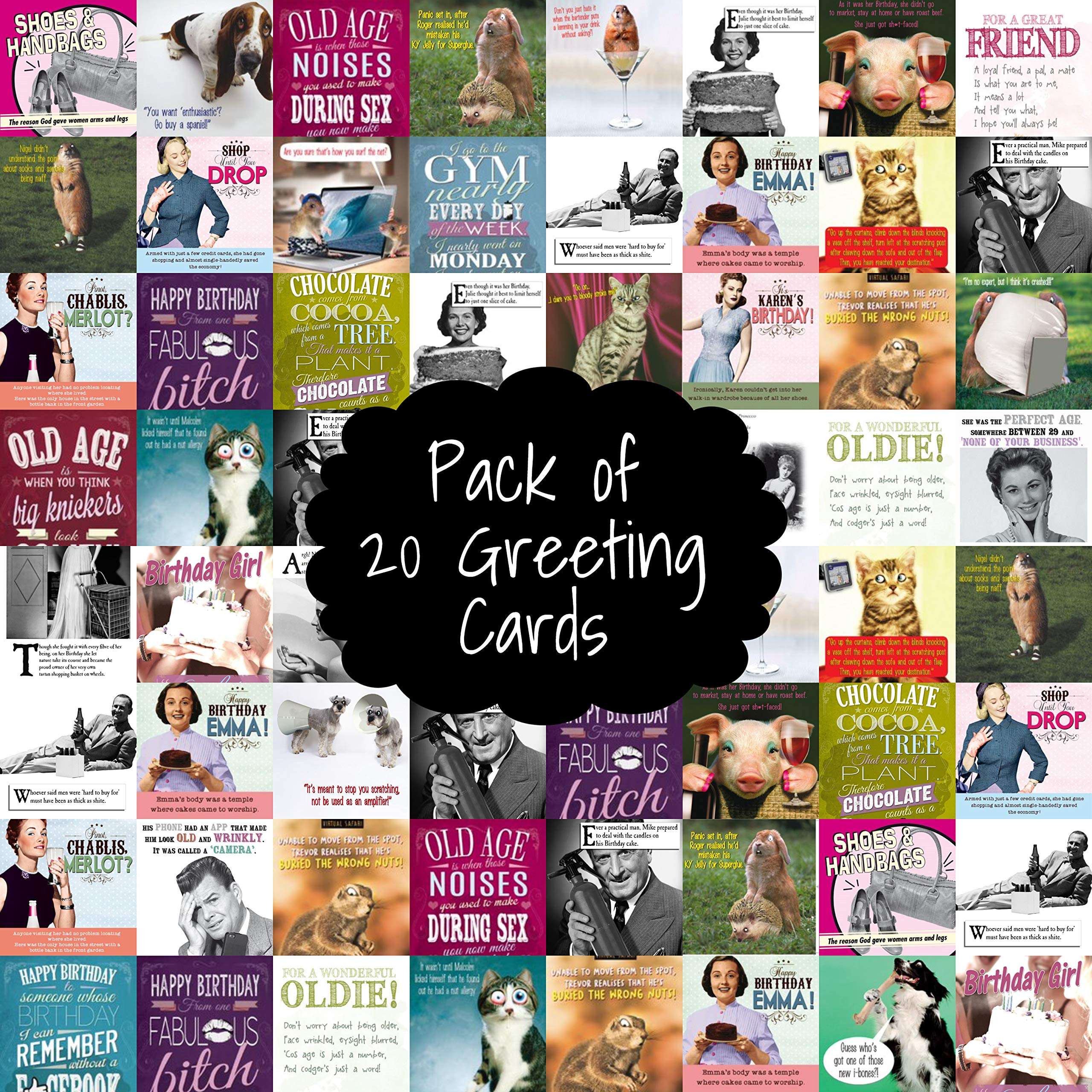 Pack of 20 Greeting Cards Birthday for Him for Her Funny Humour Envelopes Included Multi-pack, Multi1-Emo