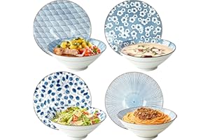 YALONG 8 INCH Ramen Bowls Set of 4, 38 oz Ceramic Pho Bowls, for Soup, Cereal and Noodles, Udon, Soba, Japanese Style, Blue a