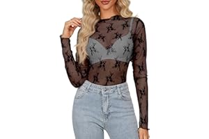 hellobaby Women's Mesh Sheer Tops Long Sleeve Mock Neck Sexy See Through Shirts Lace Floral Blouses Y2K Layering Top