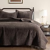WDCOZY Velvet King Size Quilt Set - Chocolate Striped Soft Lightweight Bedspread, Dark Brown Neutral Ribbed Farmhouse Country Rustic Coverlet, Coffee Modern Bedding Warm Thin Comforter, 3 Pieces