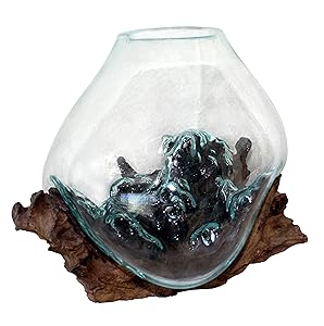 Cohasset Gifts Cohasset Glass Molten Glass & Wood Luminary Sculpture Approximately 9.5" Wide Natural Wood and Recycled