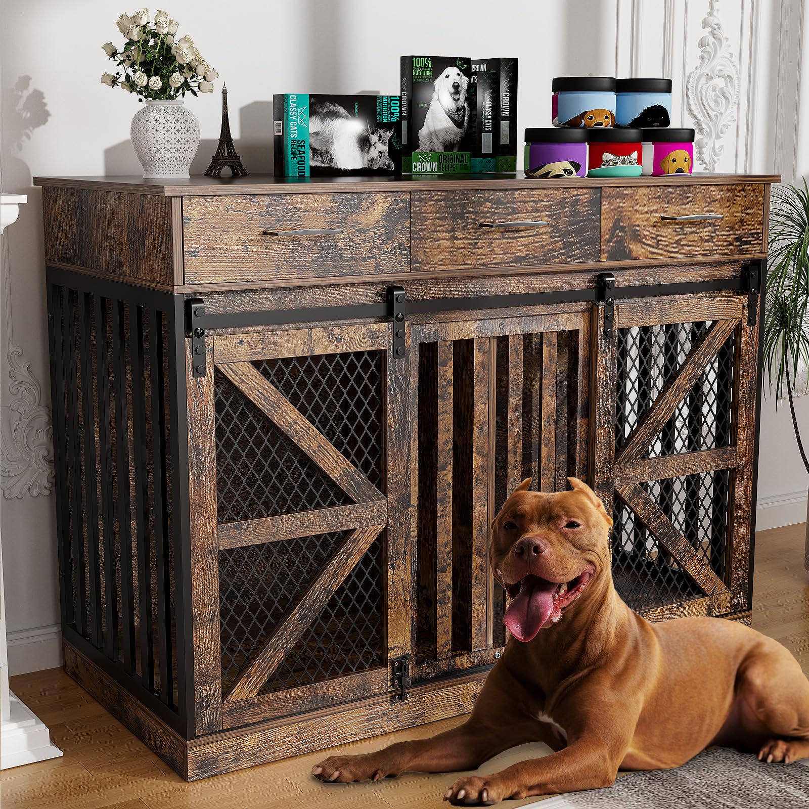 Photo 1 of ***WHITE VER NOT BROWN*** kepptory 48'' Dog Crate Furniture with Removable Divider & Storage Drawers, Wooden Double Dog Cage TV Stand with 2 Sliding Barn Doors, Multi-Functional Dog Crate End Table for Indoor use