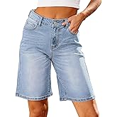 luvamia Bermuda Jean Shorts for Women High Waisted Trendy Stretchy Denim Shorts Knee Length Cutoff Loose Fit Long Shorts