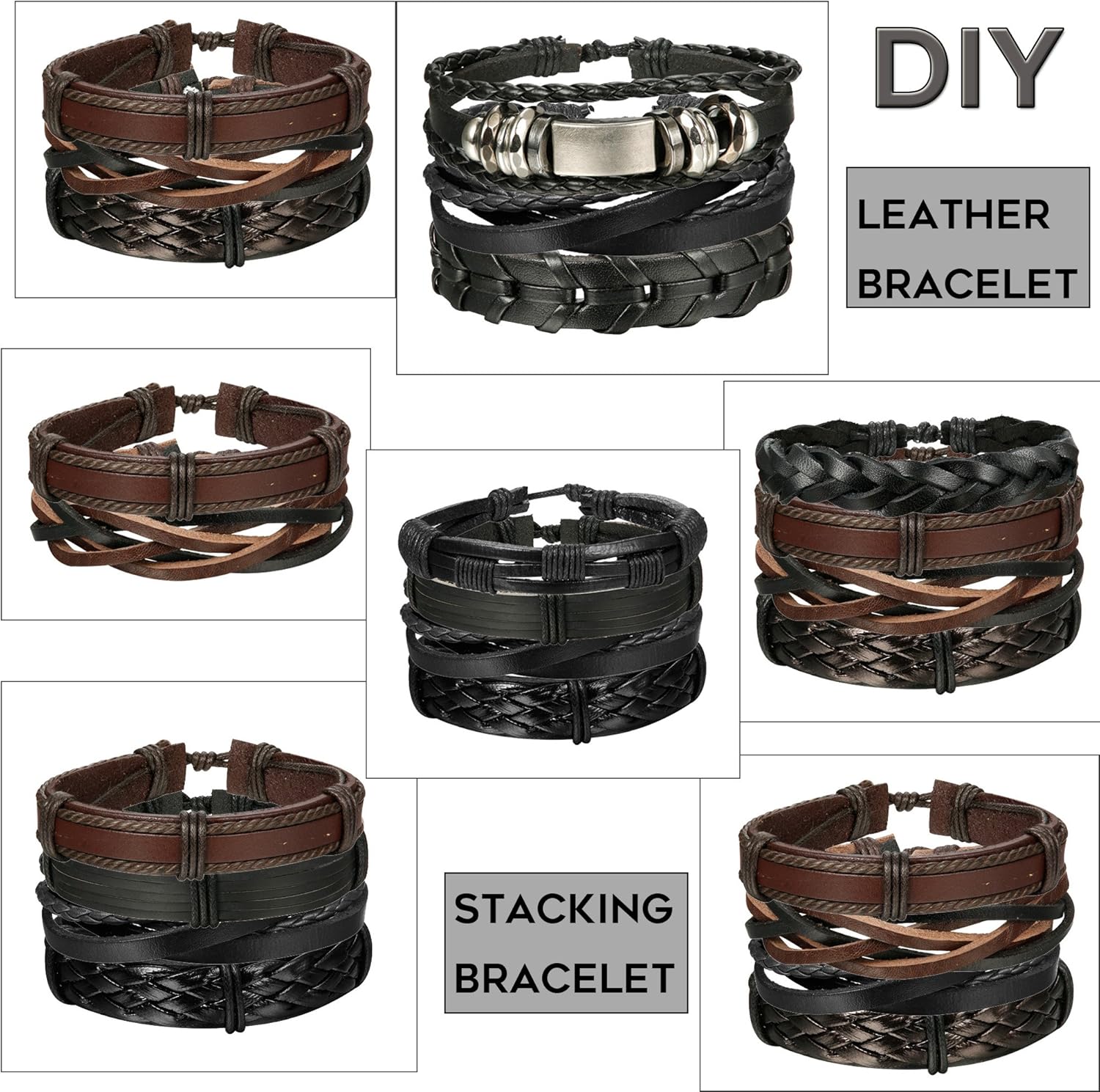 Jstyle 12Pcs Braided Leather Bracelet for Men Women Cuff Wrap Bracelet Wristbands Adjustable: Jewelry