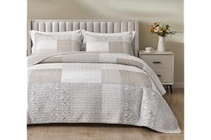 Chezmoi Collection Quinn 3-Piece Neutral Taupe Gray White Floral Hibiscus Flower Candy Stripe Patchwork Quilt Set - Pre-Washed Cotton Coverlet - Lightweight Reversible Bedspread, Queen Size