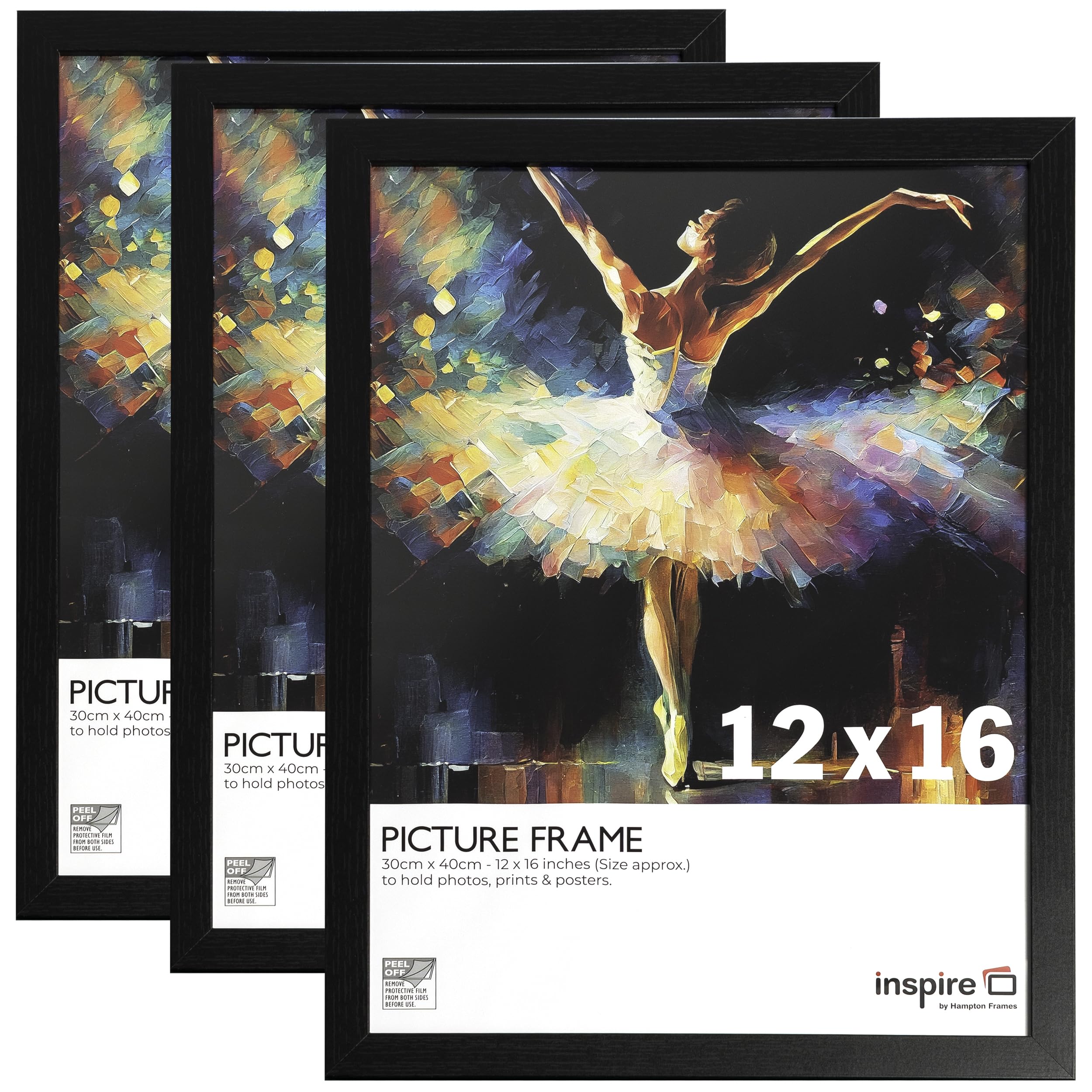 Inspire By Hampton OXFORD 12x16 (30x40cm) Black Picture Photo Frame Acrylic (Non-Glass) 3-Pack IBHOXF1216NGPK3