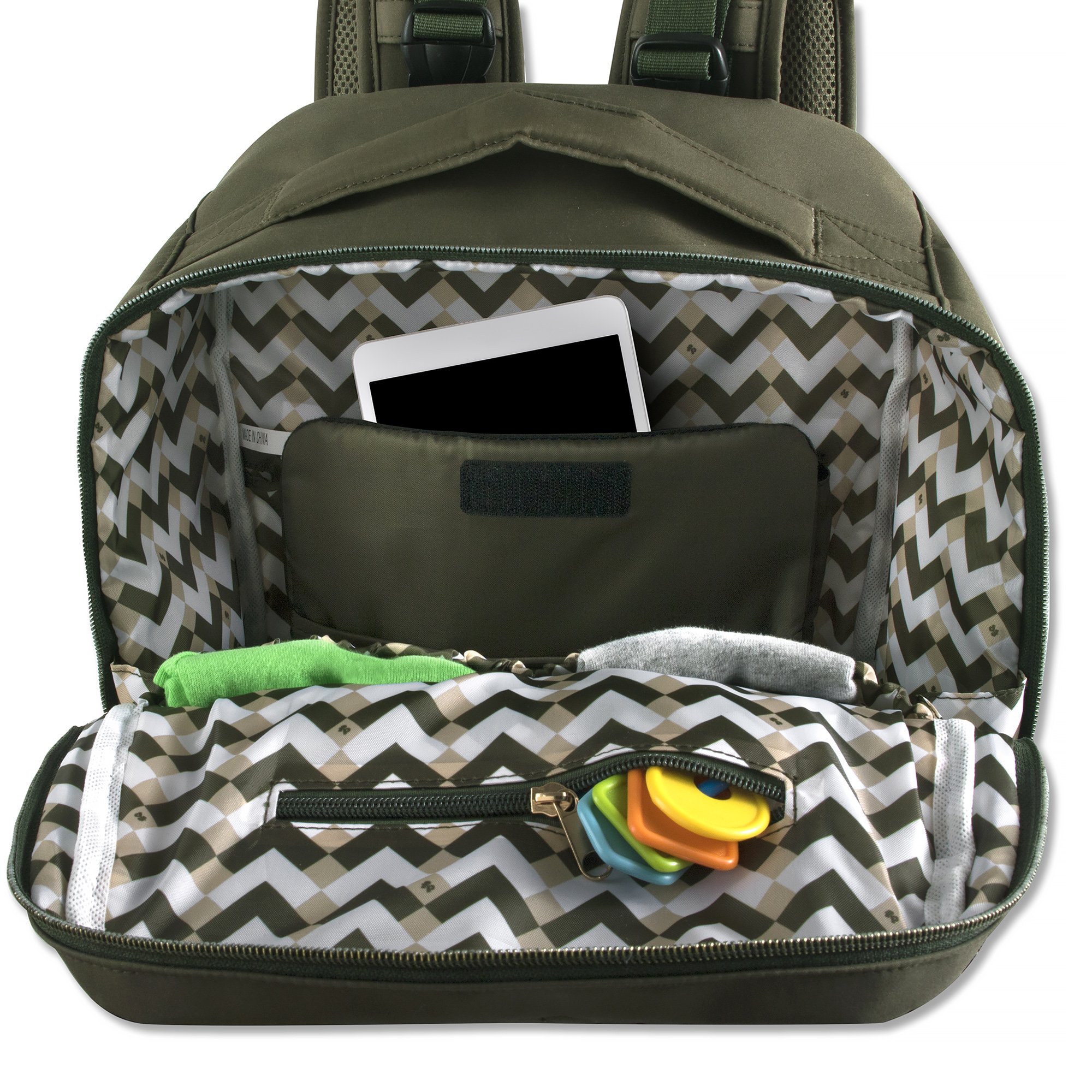 Baby Essentials Fisher-Price Signature Morgan Quilted Backpack Diaper Bag with Changing Pad, Stroller Clips, Laptop Compartment (Olive)