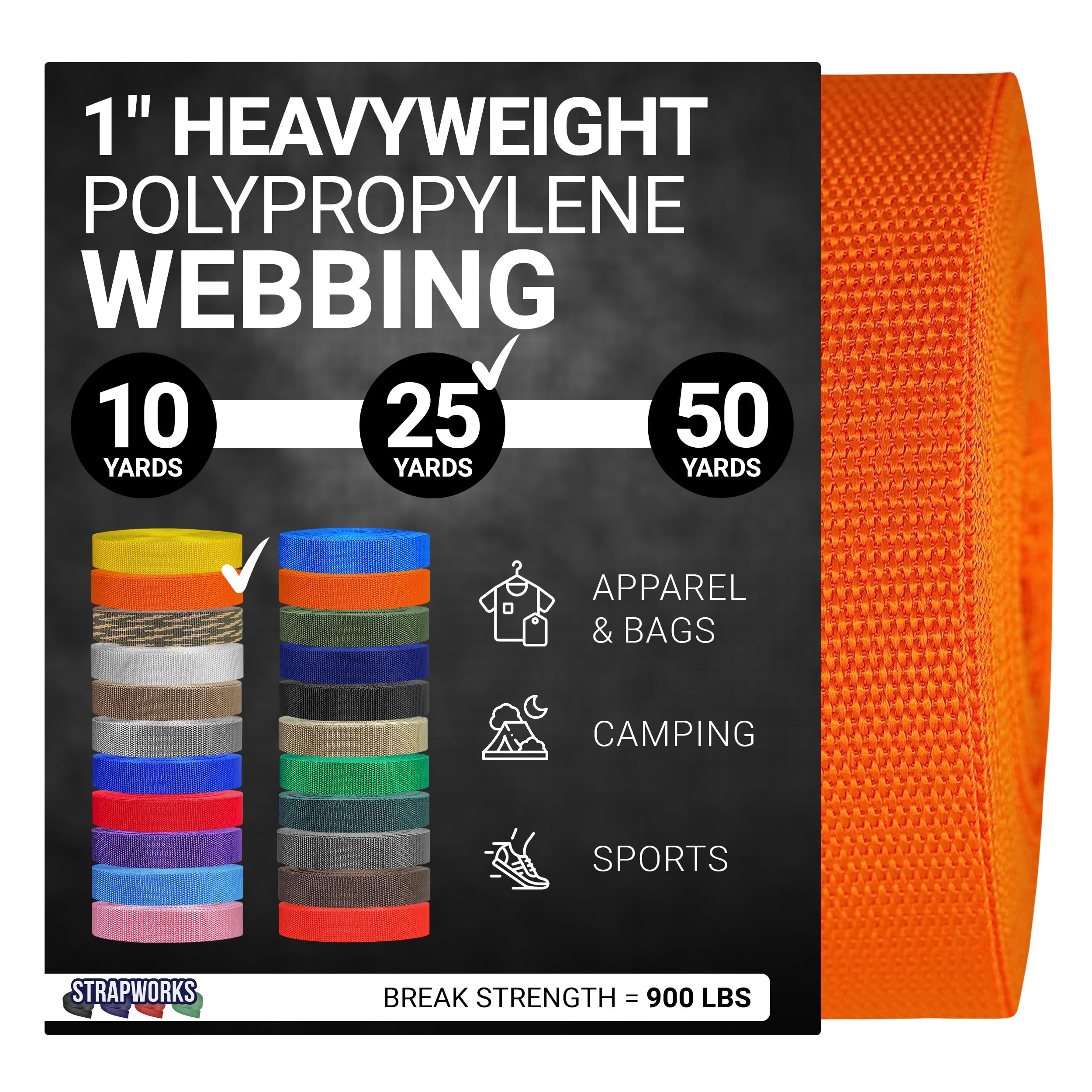Strapworks Heavyweight Polypropylene Webbing - Heavy Duty Poly Strapping for Outdoor DIY Gear Repair, 1 Inch x 25 Yards - Yellow Gold