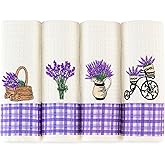 Lavien Home Cotton Kitchen Towels Set of 4 - Lavender Embroidered Tea Towels, Absorbent and Soft Waffle Weave with Plaid, 16x24 inches