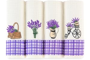 Lavien Home, Dish Towels for Kitchen Lavender Embroidered Absorbent and Soft Turkish Cotton Waffle Weave (Set of 4), Boho Farmhouse Decor with Plaid 16 x 23 inches