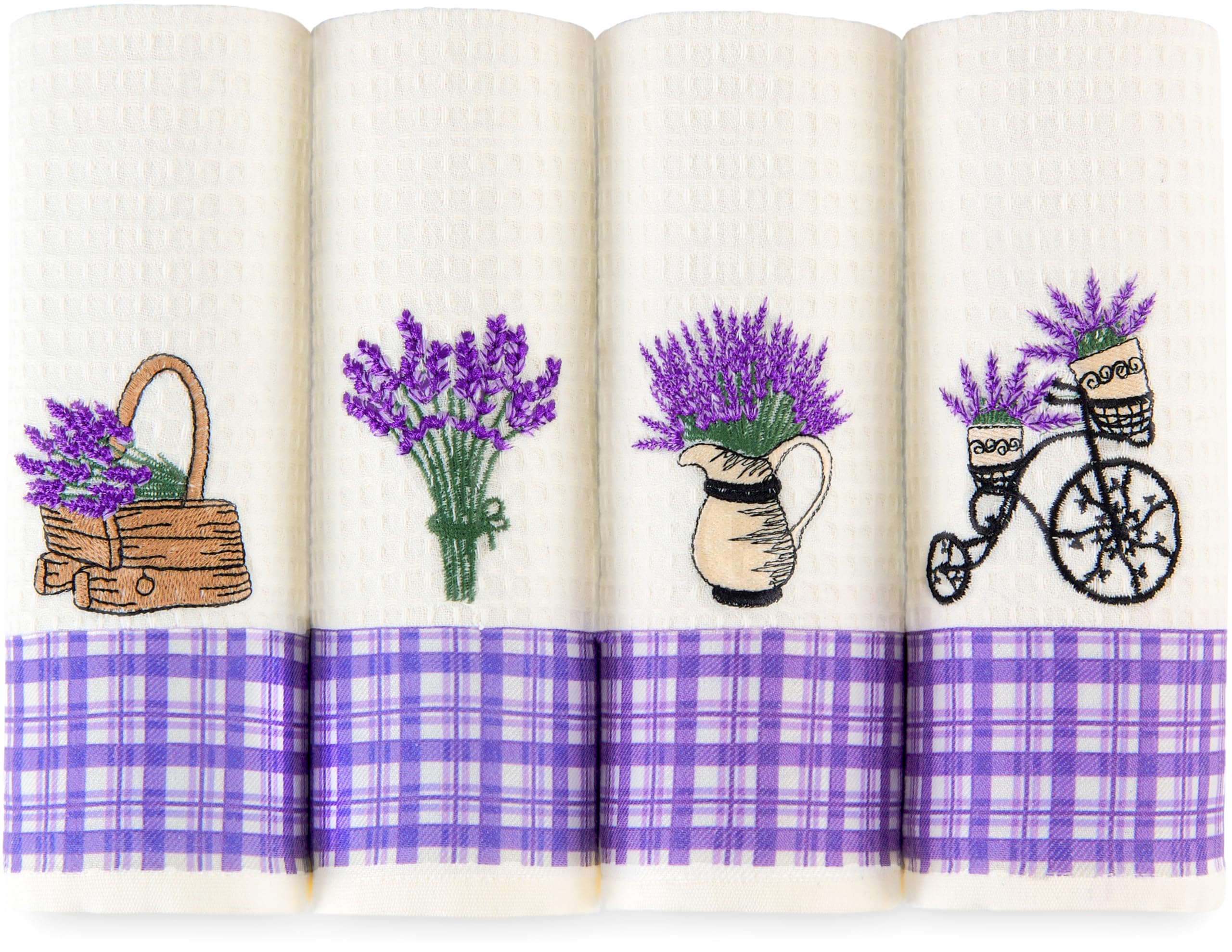 Lavien Home, Dish Towels for Kitchen Lavender Embroidery Super Absorbent and Soft Turkish Cotton Waffle Weave (Set of 4), Boho Farmhouse Decor with Plaid 16 x 23 inches