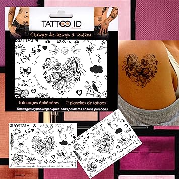Tatouage Temporaire Ephemere Romantique Coeur Nuage Oiseau Soleil Noeud Pissenlit Tattoo Id Hypoallergénique Fabriqué En France 2 Planches Femme