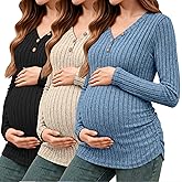 Oakgarden 3 Pack Women's V Neck Maternity Sweaters Long Sleeve Shirts Clothes Pregnancy Henley Tops Ribbed Side Ruched Tunic