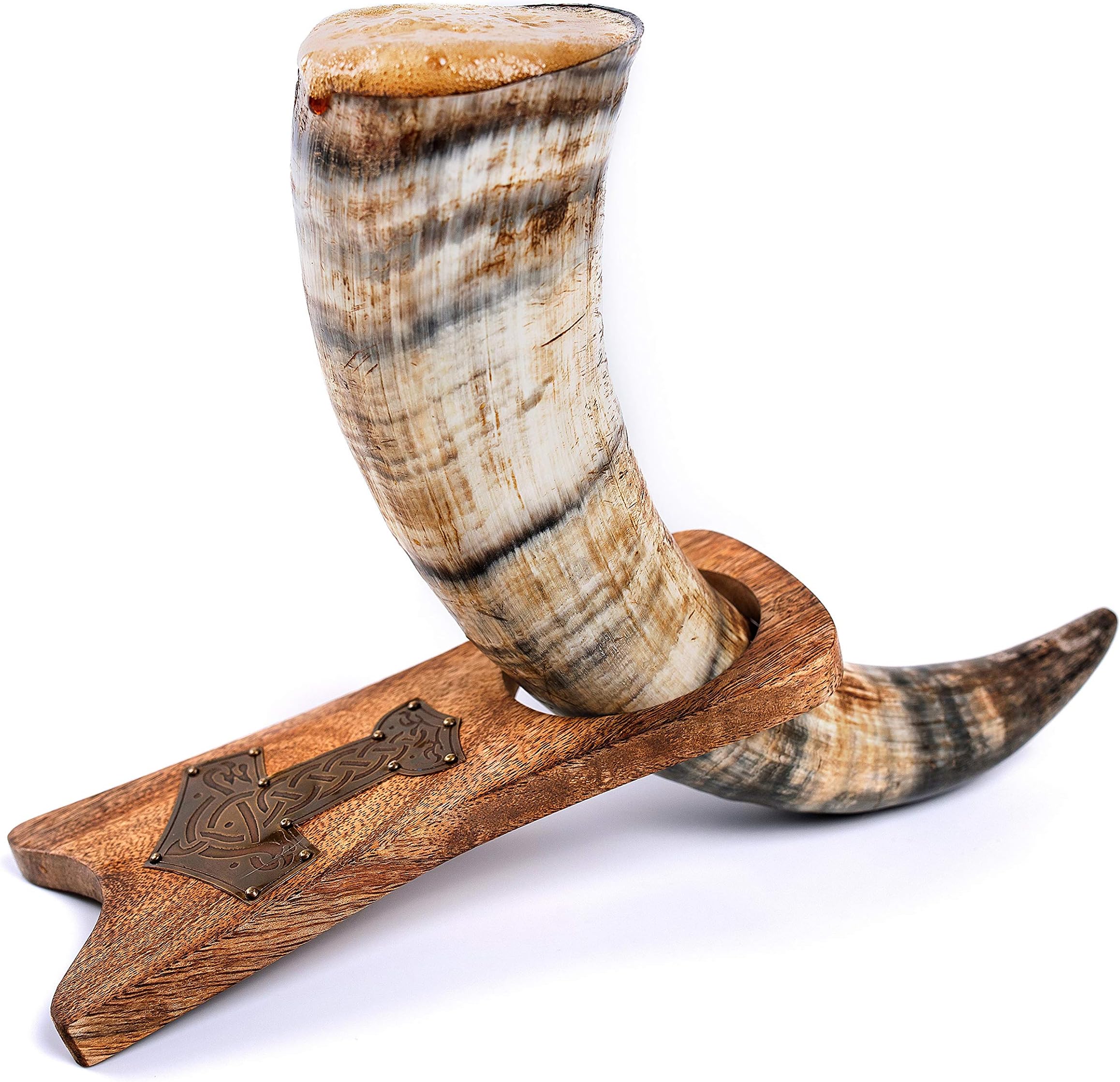Norse Tradesman Genuine 12" Ox-Horn Viking Drinking Horn With Mjolnir Plaque Wooden Stand | Burlap Gift Sack Included | "The Mjolnir", Unpolished, 12-Inch