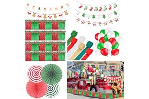 Crowye 122 Pcs Christmas Parade Float Decoration Kit Red Green White with Metallic Foil Fringe Curtains Tinsel Garland Crepe Paper Streamers Balloons Paper Fan Banner for Trailer Xmas Supply