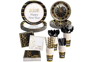 WINOO DESIGN 128PCS New Year Plates and Napkins Party Supplies - 2026 - Serves 16 Guests - Happy New Year Eve Plates, Napkins, Cups, Cutlery, Straws NY Party Decorations Favors