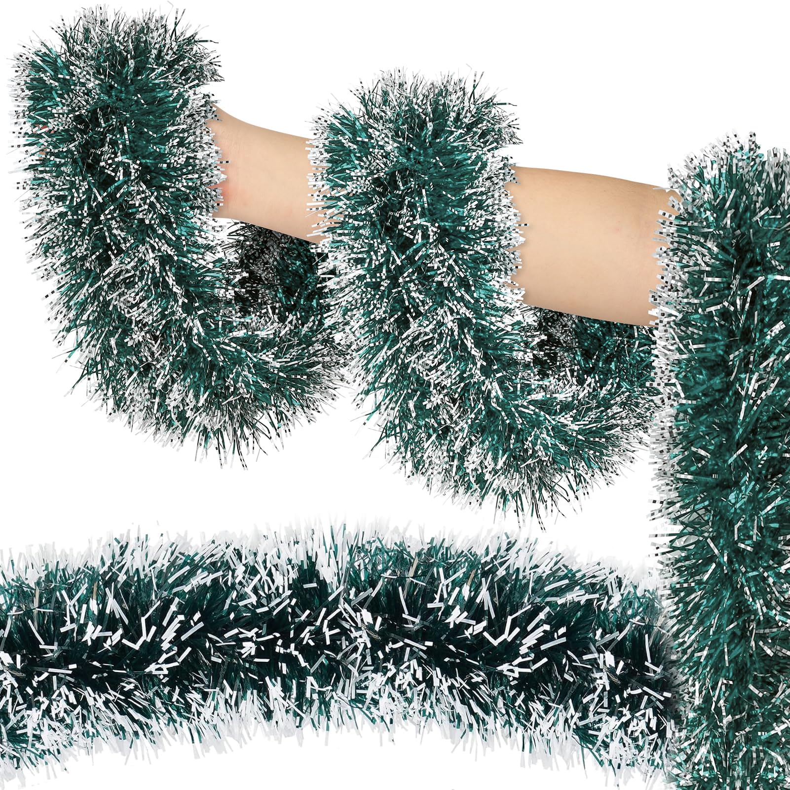 Photo 1 of 50ft Green & White Christmas Tinsel Garland - Metallic Glitter Twist Garland Hanging Streamers for Xmas Tree Decorations Indoor/Outdoor Decor