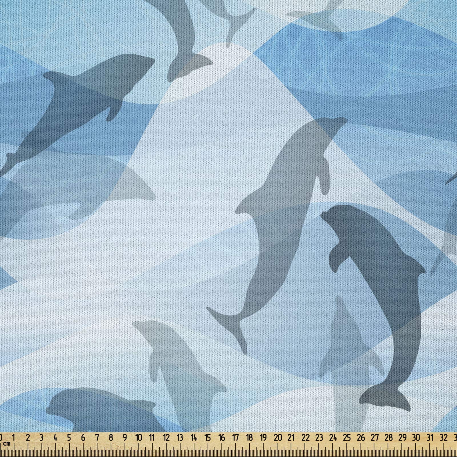 ABAKUHAUS Sea Animals Fabric by the Yard, Dolphin Fish Pattern Silhouette Under the Sea Waves in Contemporary Design, Microfiber Fabric for Arts and Crafts Textiles Decor, 1M, Blue and Grey