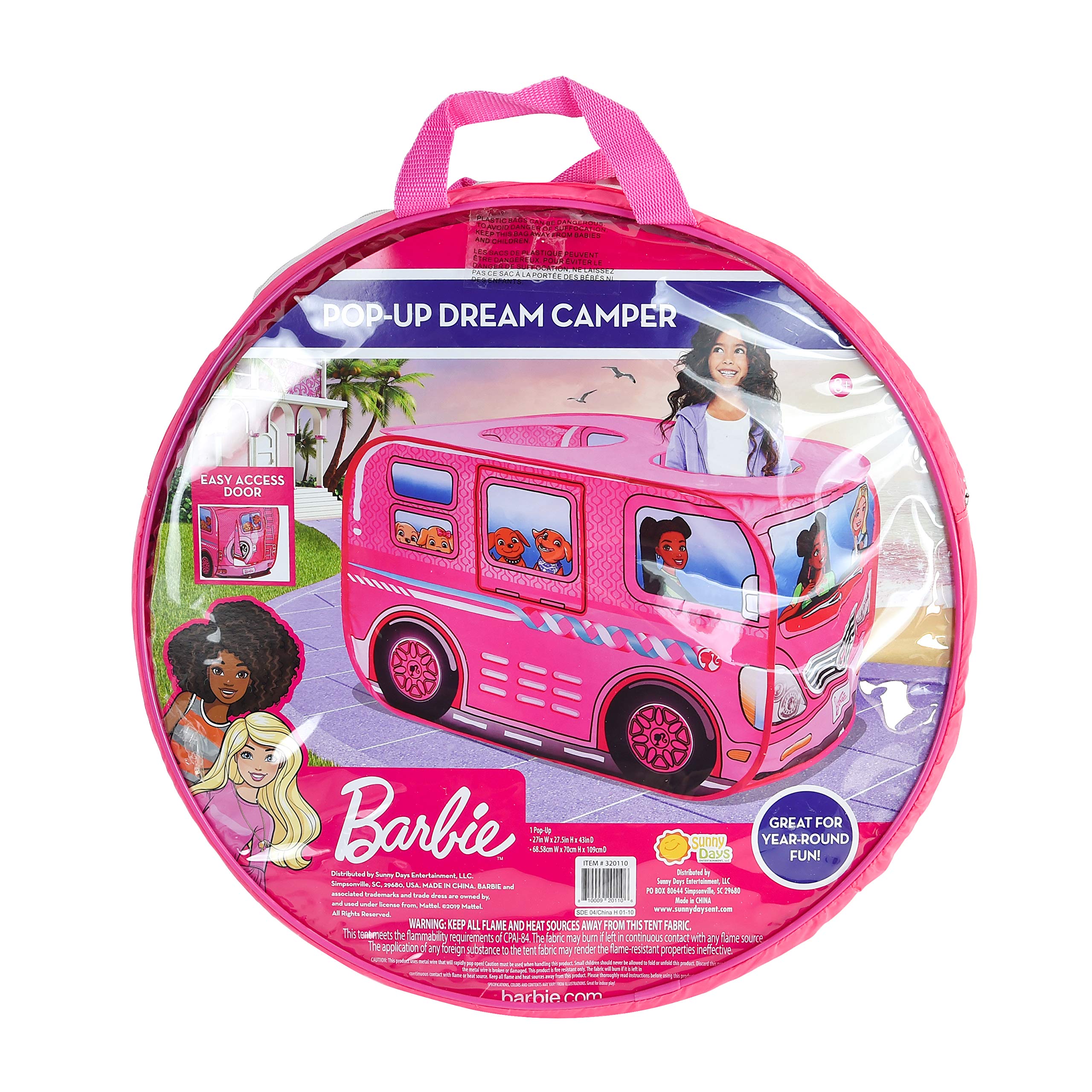 Sunny Days Entertainment Barbie Dream Camper Pop Up Play Tent Pink Indoor Playhouse for Kids Gift for Girls