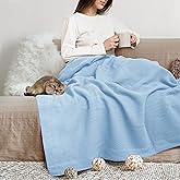THREAD SPREAD Organic GOTS Cotton Blanket, King/Cal King - 350GSM, Oversized Antistatic, Couch, Bed, Camping & Travel, Luxurious Herringbone All-Season Throw, Light Blue + Stylish Bonus Tote Bag
