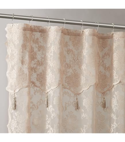 HLC.ME Harper Lace Shower Curtain For Bathroom With Floral Vine Design And Attached Valance – Elegant Victorian Classic Style (White, 72 X 72 Inch