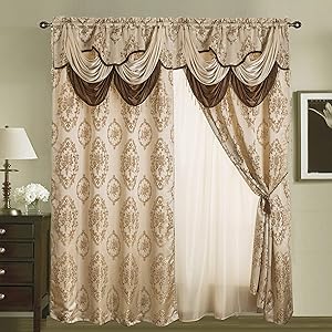 Rod Pocket Jacquard Window 63 Inch Length Curtain Drape Panels w/ Attached Valance + Sheer Backing + 2 Tassels - 63